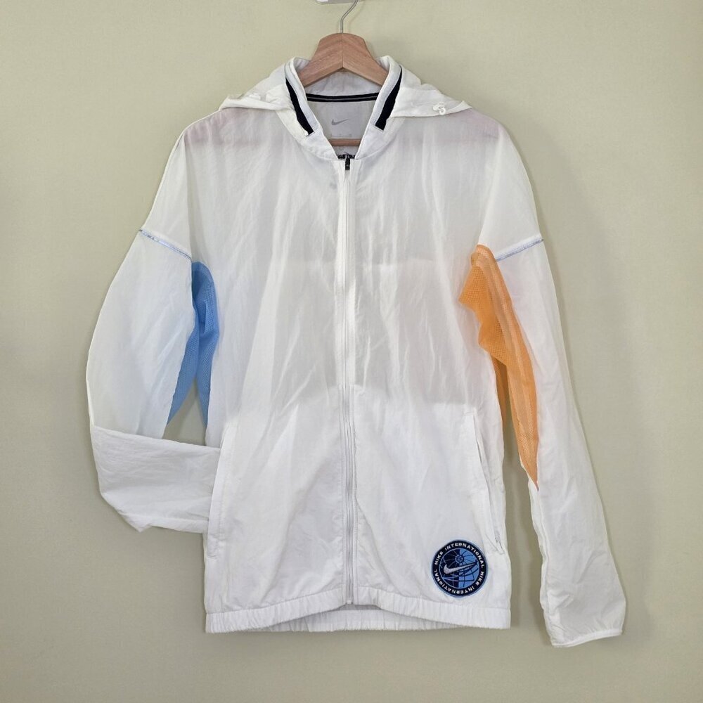 Nike Jacket Mens S White Zip Mock Neck Pockets LS Lightweight Running Hood Mesh